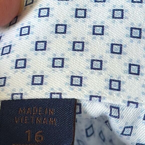 David Donahue White & Blue Geometric Print Dress Shirt Trim Fit 16 32/33 - Picture 9 of 9